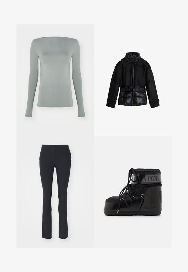 Black jacket combines padded sections and smooth fabric. Features a high collar, belt at the waist, and structured shoulders.; Long-sleeve top in light grey, made from stretchy material. Features a boat neckline and fitted silhouette with no visible patterns or hardware.; Black stretchy pants with a fitted design, featuring a smooth texture, straight cut, and small side zippers at the hem.; Black moon boots with a glossy finish, rounded toe, padded upper, and textured sole. Features laces and embossed branding on the side.