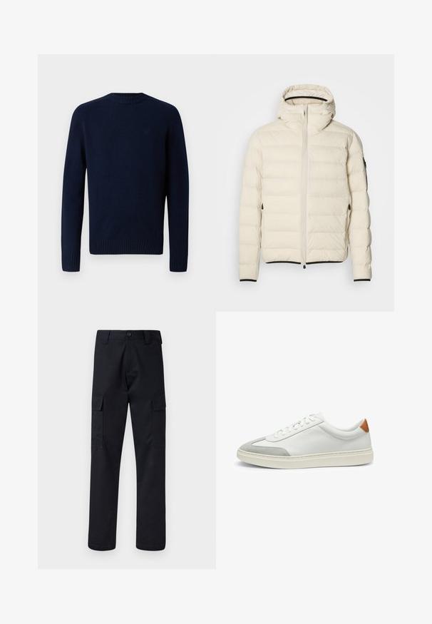 Padded Jacke in Creme mit Reißverschluss vorne und Kapuze. Hat eine glatte Textur und elastische Bündchen, mit zwei seitlichen Taschen und zurückhaltendem Branding.; Dunkelblauer Strickpullover mit rundem Halsausschnitt, gerippten Bündchen und Saum. Sanfte Textur mit einem dezenten Logo im oberen Rückenbereich. Schlichtes Design.; Schwarze Cargo-Hose aus robustem Stoff, mit geradem Bein, zwei Seitentaschen und einem Knopfverschluss am Bund.; Weiße Leder-Sneaker mit grauen Wildlederakzenten und einer sandfarbenen Lederfersenschlaufe. Sie verfügen über eine strukturierte Oberfläche und eine leichte Sohle.