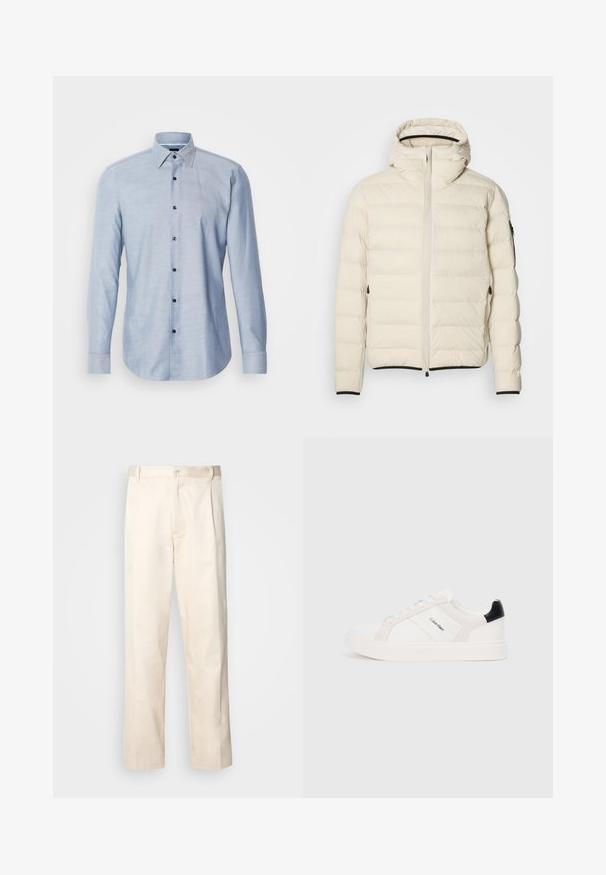 Krém színű, párnázott kabát, elől cipzárral és kapucnival. Zökkenőmentes textúrával és rugalmas mandzsettákkal rendelkezik, két oldalsó zsebe van, és diszkrét márkajelzés található rajta.; Világoskék, hosszú ujjú ing, amely texturált anyagból készült. Gombos gallérral és sötét gombokkal az elején.; Beige pamut nadrág egyenes szárú kivágással, gombos záródással és elülső redőkkel a részletek fokozása érdekében.; Fehér sportcipők világos rózsaszín és fekete részletekkel, sima bőrből és velúrból készült panelek, kerek orr és lapos gumitalp.