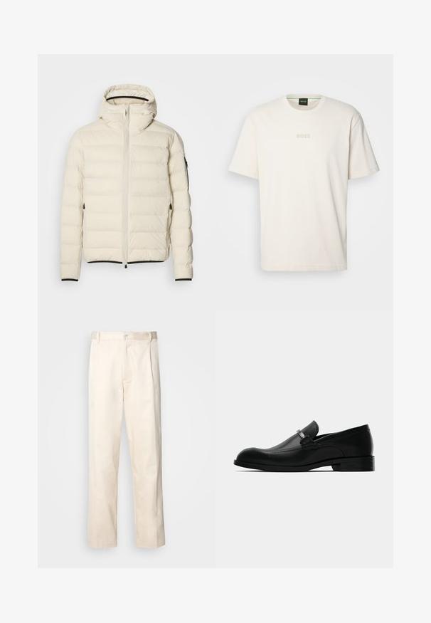 Klāta jaka krēmkrāsā ar rāvējslēdzēju priekšā un kapuci. Iezīmējas ar gludu tekstūru un elastīgām piedurknēm, divām sānu kabatām un diskrētu zīmolu.; BOSS TEE - Pamata T-krekls - open white; Bežā krāsā auduma bikses ar taisnu kāju griezumu, pievienotām pogu aizdares un priekšējiem krokām papildu detaļām.; Melna ādas vīriešu loafer kurpe ar metāla sprādzi, zemu papēdi un zīmola zoli, attēlota no sāniem uz baltā fona.