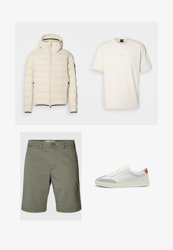 Padded jacket in cream with a zip front and hood. Features a smooth texture and elastic cuffs, with two side pockets and discreet branding.; BOSS TEE - Basic T-shirt - open white; Olive green shorts made of cotton, featuring a button closure, belt loops, and a straight cut with folded hem details.; White leather sneakers with gray suede accents and a tan leather heel tab. Features a textured surface and lightweight sole.