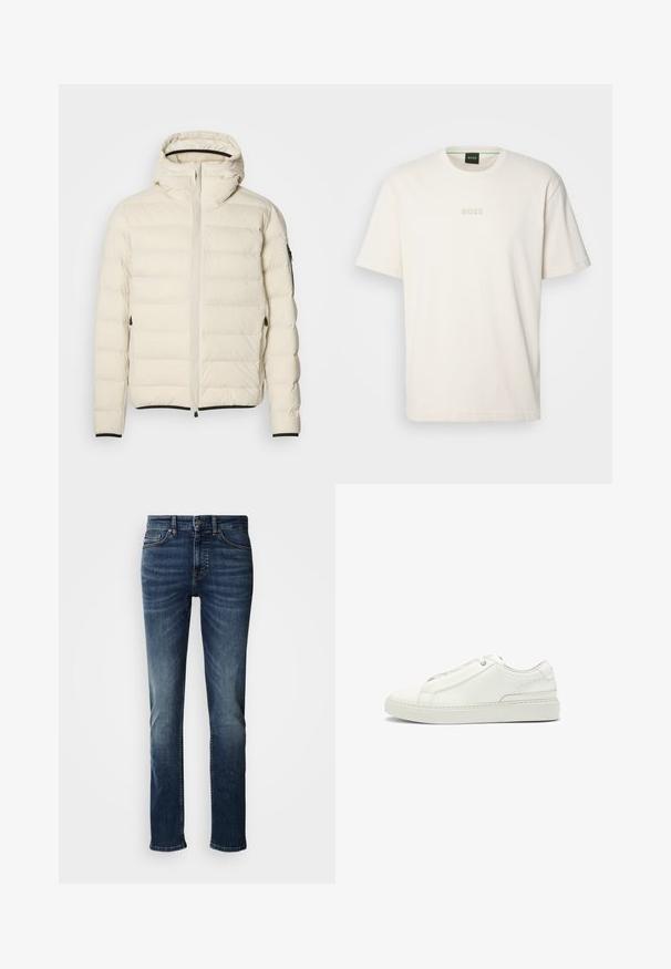 Padded jacket in cream with a zip front and hood. Features a smooth texture and elastic cuffs, with two side pockets and discreet branding.; BOSS TEE - Basic T-shirt - open white; Dark blue denim jeans with a classic straight-leg cut, featuring a standard waistband, button closure, and subtle fading along the thighs.; White leather sneaker featuring a textured upper, a round toe, minimalistic design, and a rubber sole with stitched detailing.