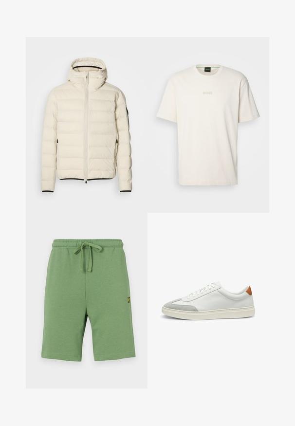 Padded jacket in cream with a zip front and hood. Features a smooth texture and elastic cuffs, with two side pockets and discreet branding.; BOSS TEE - Basic T-shirt - open white; Green cotton shorts with an elastic waistband and adjustable drawstring. Features a small yellow embroidered logo on the left side.; White leather sneakers with gray suede accents and a tan leather heel tab. Features a textured surface and lightweight sole.