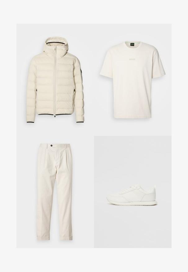 Vaatteena on vaaleanbeige vuorattu takki, jossa on vetoketjullinen etuosa ja huppu. Siinä on sileä pinta ja elastiset hihansuut, kaksi sivutaskua ja huomaamaton brändäys.; BOSS TEE - T-paita - open white; Vaaleat housut, joissa on istuva leikkaus, yksittäinen nappisulku, plysseröity etuosa ja käännetyt lahkeet. Valmistettu kevyestä kankaasta.; Valkoiset tennarit, joissa on verkkokankainen ja synteettinen yläosa, pyöreä kärki, litteät nauhat sekä teksturoitu sivuviiru. Kumipohja ja vetoketju takana.