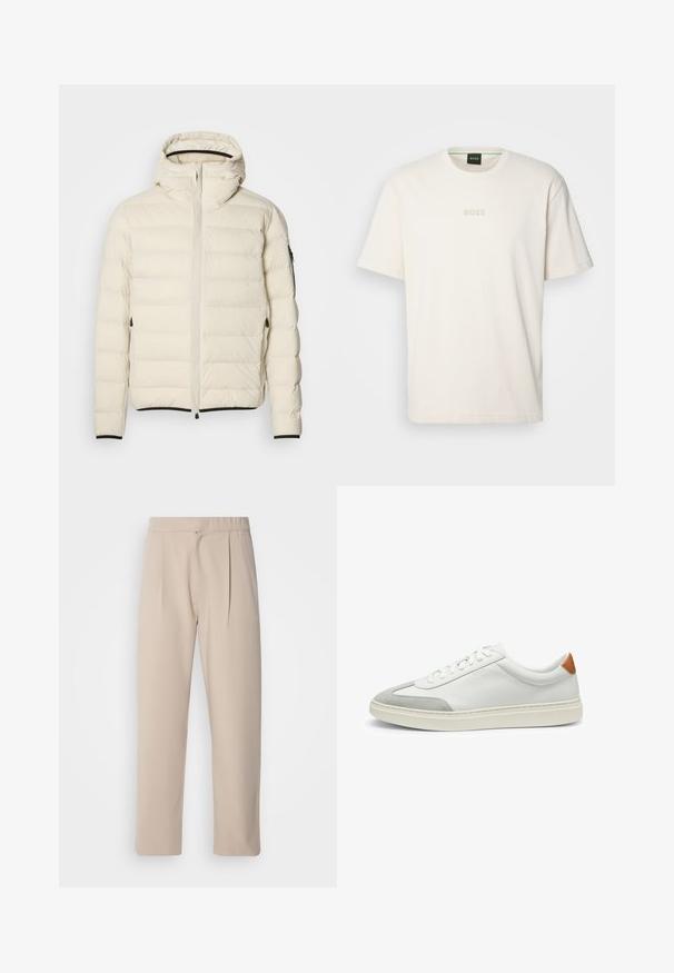 Gevoerde jas in crème met een rits aan de voorkant en een capuchon. Heeft een soepele textuur en elastische manchetten, met twee zijzakken en discrete branding.; BOSS TEE - T-shirt basic - open white; Beige, geplooide broeken van zachte stof. Voorzien van een elastische tailleband, rechte pijpen en een gladde textuur. Geen zakken of accenten.; Witte leren sneakers met grijze suede accenten en een tan leren hieltab. Kenmerkt zich door een textuurovervlak en een lichtgewicht zool.