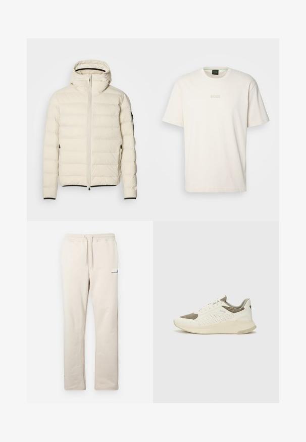 Padded jakna v kremni barvi z zadrgo spredaj in kapuco. Ima gladko teksturo, elastične manšete, dva stranska žepa in diskretno blagovno znamko.; BOSS TEE - Navadna majica - open white; Bež hlače za prosti čas, izdelane iz mehkih materialov, z elastičnim pasom in vrvico, ravnimi nogami ter majhnim modrim logotipom.; Beli in svetlo bež športni copat, s mrežastim zgornjim delom, perforiranimi detajli in teksturirano srednjim delom z blagovno znamko na peti.