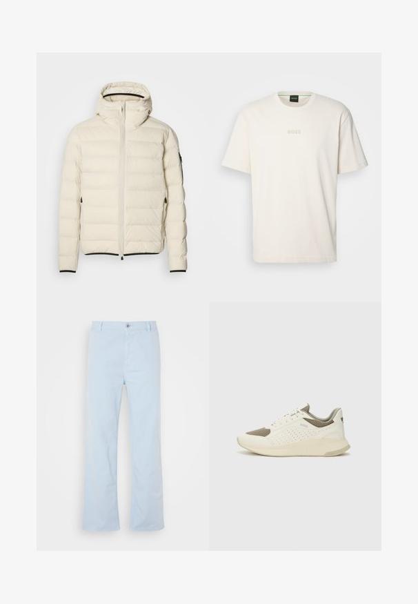 Casaco acolchoado em creme com fecho de correr e capuz. Apresenta uma textura suave e punhos elásticos, com dois bolsos laterais e uma marcação discreta.; BOSS TEE - T-shirt básica - open white; Calças de algodão azul claro com corte reto, fecho frontal com botão e bolsos laterais. Textura suave e detalhes de costura mínimos.; Sapatilha atlética branca e bege claro, com parte superior em malha, detalhes perfurados e uma entressola texturizada com marcação no calcanhar.