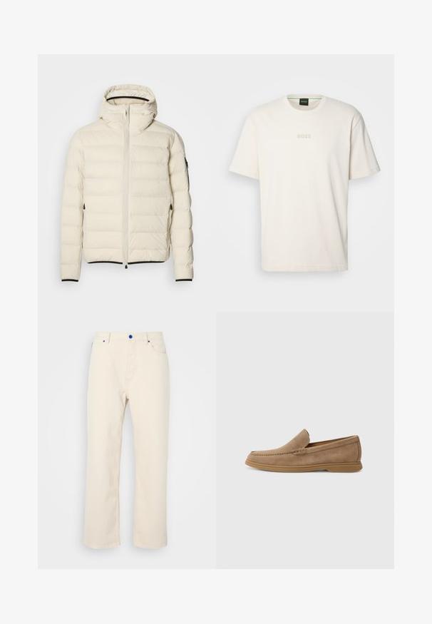 Padded jakna v kremni barvi z zadrgo spredaj in kapuco. Ima gladko teksturo, elastične manšete, dva stranska žepa in diskretno blagovno znamko.; BOSS TEE - Navadna majica - open white; Bež hlače ravnega kroja, izdelane iz bombaža, z modrimi gumbi, petimi žepi in čisto zasnovo brez vidnih vzorcev.; Rjave semiš slip-on loafers z gladko teksturo in šivanim detajlom; vključujejo gumijast podplat za oprijem.