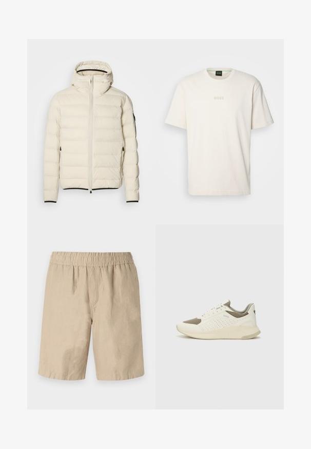 Krém színű, párnázott kabát, elől cipzárral és kapucnival. Zökkenőmentes textúrával és rugalmas mandzsettákkal rendelkezik, két oldalsó zsebe van, és diszkrét márkajelzés található rajta.; BOSS TEE - Basic póló - open white; Beige pamut rövidnadrág, rugalmas derékkal, laza fazonnal és sima tapintással. Nincsenek látható zsebek vagy minták.; Fehér és világos bézs sportcipő, légies hálós felsőrésszel, perforált részletekkel és texturált középtalppal, amelyen a saroknál a márka logója található.