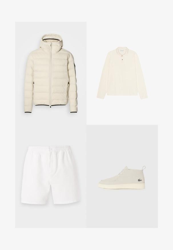 Padded jakna v kremni barvi z zadrgo spredaj in kapuco. Ima gladko teksturo, elastične manšete, dva stranska žepa in diskretno blagovno znamko.; Polo majica s dolgimi rokavi v kremni barvi, z ravnim ovratnikom, tri gumbi z zlatimi dodatki in mehkim, strukturiranim materialom.; Bela, teksturirana kratka hlača z elastičnim pasom in gumbom za zapiranje. Imajo ohlapen kroj in dolžino do sredine stegna, primerne za vsakodnevno nošenje.; Svetlo sivi antilop čizmi do članaka s okruglim vrhom, belim gumenenim đonom i suptilnim logotipom sa strane. Ima vezivanje.