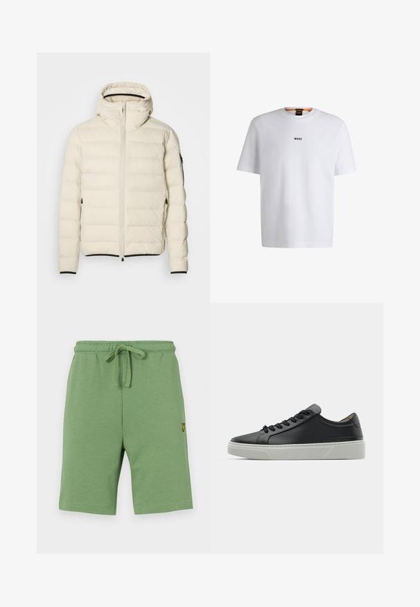 Padded jakna v kremni barvi z zadrgo spredaj in kapuco. Ima gladko teksturo, elastične manšete, dva stranska žepa in diskretno blagovno znamko.; Bela bomba iz bombaža s kratkimi rokavi, ki ima črni logotip "BOSS" na sredini prsnega dela in okroglo obliko ovratnika.; Zelene bombažne kratke hlače z elastičnim pasom in nastavljivo vrvico. Imajo majhen rumen izvezena logotip na levi strani.; Črne usnjene teniske z gladko teksturo, okroglo konico in črnimi vezalkami. Imajo debel bel gumijast podplat s subtilnimi geometrijskimi poudarki.