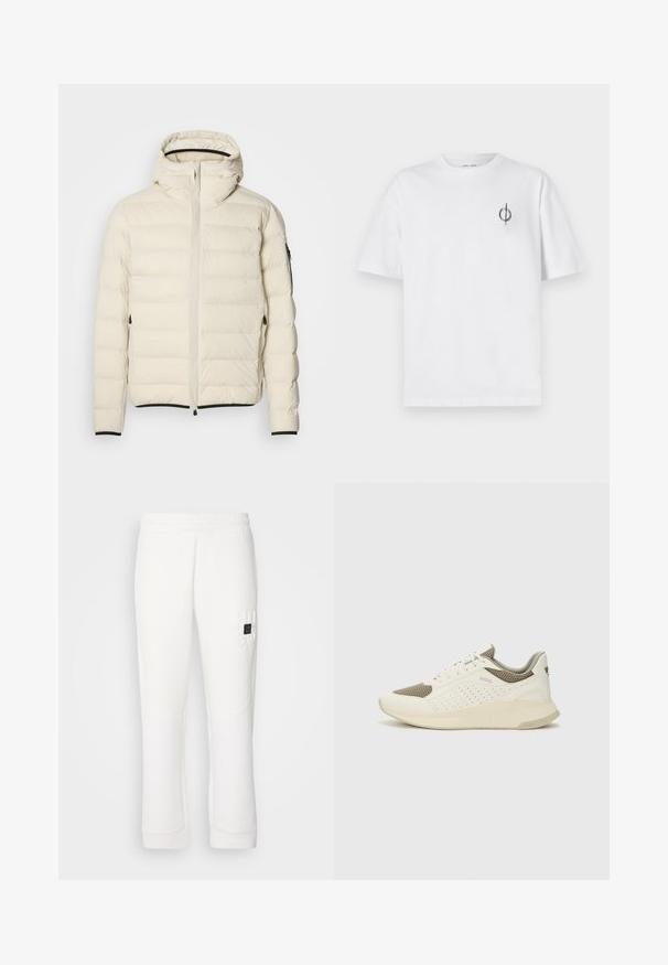 Polstret jakke i cremefarvet med lynlås foran og hætte. Har en glat tekstur og elastiske manchetter, med to sidelommer og diskret branding.; Hvid bomulds t-shirt med en afslappet pasform, der har et lille sort grafisk logo på venstre brystområde. Korte ærmer, rund halsstil.; Hvide sweatpants med elastisk talje, tapered ben, tekstureret stof og præget "HUGO" logo på venstre lår.; Hvide og lyse beige sportssko med en mesh-overdel, perforerede detaljer og en tekstureret mellemsål med branding på hælen.