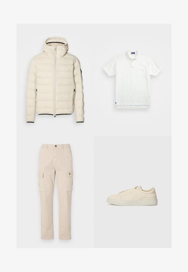 Veste matelassée crème avec fermeture éclair à l'avant et capuche. Elle présente une texture lisse et des poignets élastiques, avec deux poches latérales et un marquage discret.; Polo shirt blanc en coton, avec un col classique, une patte de boutonnage à trois boutons et une poche sur la poitrine à gauche ; petit logo en bas.; Pantalons cargo beiges en coton, avec deux poches latérales, une poche arrière et un petit logo sur le côté. Design à jambes droites, tissu robuste.; Baskets en cuir beige avec une toe arrondie, un design minimaliste, des détails de couture subtils et une tige texturée, sur une semelle claire.