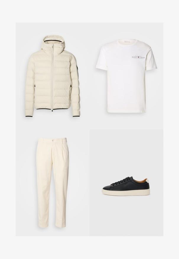 Gevoerde jas in crème met een rits aan de voorkant en een capuchon. Heeft een soepele textuur en elastische manchetten, met twee zijzakken en discrete branding.; Witte katoenen t-shirt met ronde hals, korte mouwen en een bedrukt logo. Heeft een minimalistisch design en een relaxte pasvorm.; Crème-kleurige katoenen broeken met een rechte pijpdesign, voorzien van voorplooien, een knoopsluiting en zijzakken. Zachte textuur.; Zwarte leren sneakers met een gladde textuur, beige rubberen zool, vetersluiting en een contrasterende hielaccent.