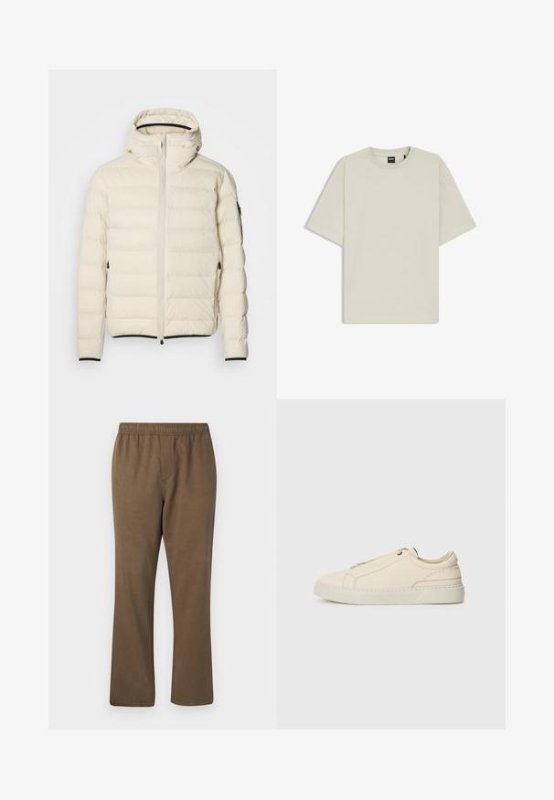 Padded Jacke in Creme mit Reißverschluss vorne und Kapuze. Hat eine glatte Textur und elastische Bündchen, mit zwei seitlichen Taschen und zurückhaltendem Branding.; Helles beiges T-Shirt aus weicher Baumwolle, mit entspannter Passform, Rundhalsausschnitt und kurzen Ärmeln. Keine sichtbaren Muster oder Akzente.; Samsøe Samsøe JABARI - Stoffhose - canteen; Beige Leder Sneaker mit runder Zehenpartie, minimalistischem Design, subtilen Nähten und strukturiertem Obermaterial auf einer hellen Sohle.