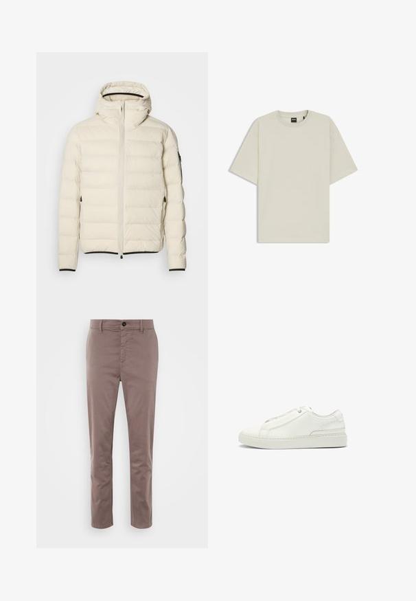 Giacca imbottita color crema con zip frontale e cappuccio. Presenta una texture liscia e polsini elasticizzati, con due tasche laterali e un branding discreto.; T-shirt beige chiaro realizzato in morbido cotone, con una vestibilità rilassata, colletto rotondo e maniche corte. Nessun motivo o dettaglio visibile.; Pantaloni slim-fit in cotone taupe tenue, con chiusura frontale a bottone, tasche laterali e una texture liscia. Adatti per un abbigliamento casual.; Sneaker bianca in pelle con tomaia testurizzata, punta tonda, design minimalista e suola in gomma con dettagli cuciti.