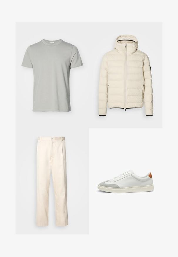 Padded Jacke in Creme mit Reißverschluss vorne und Kapuze. Hat eine glatte Textur und elastische Bündchen, mit zwei seitlichen Taschen und zurückhaltendem Branding.; Kurzarm-T-Shirt aus hellgrauer Baumwolle mit rundem Halsausschnitt und geradem Saum. Glatte Textur, keine Muster oder sichtbaren Metallelemente.; Beige Baumwollhose mit geradem Bein, ausgestattet mit einem Knopfverschluss und Falten an der Vorderseite für zusätzliche Details.; Weiße Leder-Sneaker mit grauen Wildlederakzenten und einer sandfarbenen Lederfersenschlaufe. Sie verfügen über eine strukturierte Oberfläche und eine leichte Sohle.