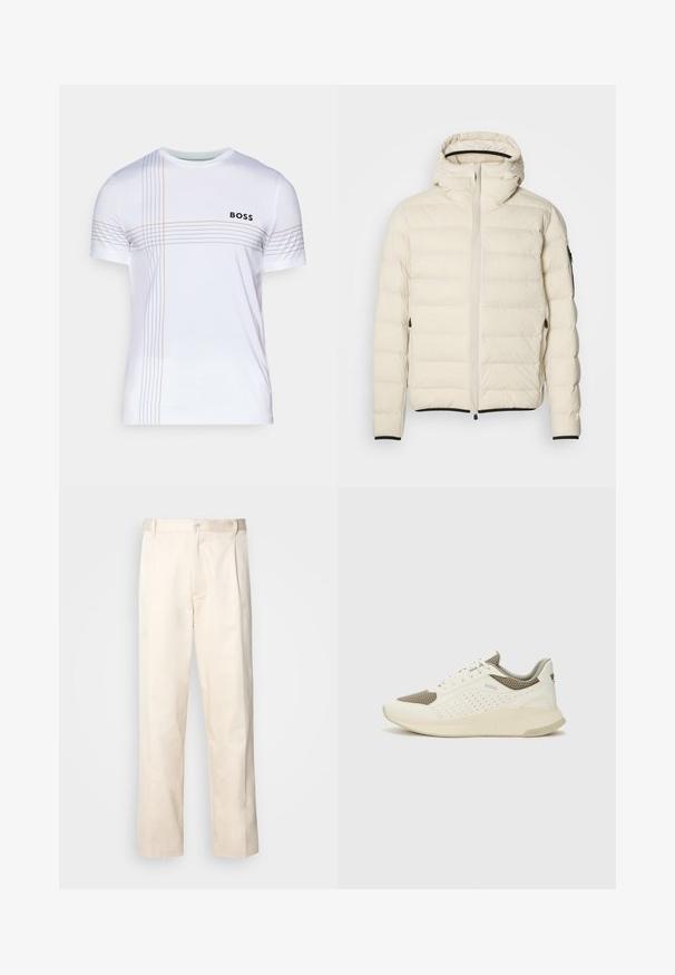 Chaqueta acolchada en color crema con cierre de cremallera y capucha. Presenta una textura suave y puños elásticos, con dos bolsillos laterales y una marca discreta.; Camiseta deportiva blanca de manga corta, con un logo negro de "BOSS" y finas líneas naranjas y grises en la parte frontal. Textura suave.; Pantalones de algodón beige con corte recto, que cuentan con un cierre de botón y pliegues en la parte frontal para un detalle adicional.; Zapatilla deportiva en blanco y beige claro, con parte superior de malla, detalles perforados y una mediasuela texturizada con la marca en el talón.