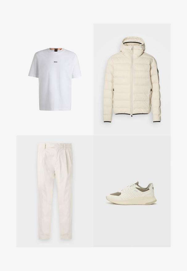 Padded jakna v kremni barvi z zadrgo spredaj in kapuco. Ima gladko teksturo, elastične manšete, dva stranska žepa in diskretno blagovno znamko.; Bela bomba iz bombaža s kratkimi rokavi, ki ima črni logotip "BOSS" na sredini prsnega dela in okroglo obliko ovratnika.; Bele, plisirane hlače s krojenim prileganjem, z gladko teksturo, z zankami za pas in ožjimi hlačnicami. Brez vidnih žepov ali vzorcev.; Beli in svetlo bež športni copat, s mrežastim zgornjim delom, perforiranimi detajli in teksturirano srednjim delom z blagovno znamko na peti.