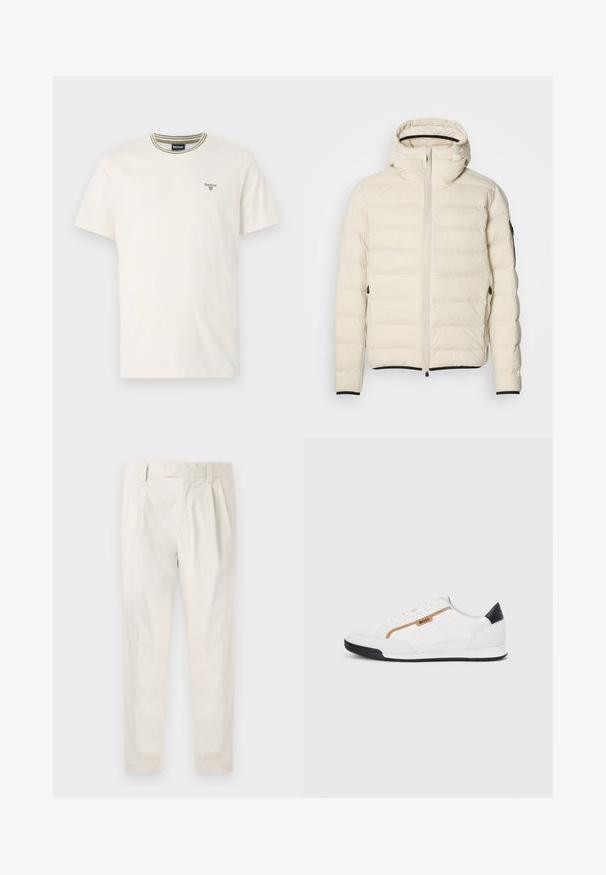 Krém színű, párnázott kabát, elől cipzárral és kapucnival. Zökkenőmentes textúrával és rugalmas mandzsettákkal rendelkezik, két oldalsó zsebe van, és diszkrét márkajelzés található rajta.; Fehér pamut póló rövid ujjal, kerek nyakkivágással, zöld és fehér csíkos díszítéssel, valamint kis márkajellel a mellrészen.; Fehér, pliszírozott nadrág, testre szabott szabással, sima felülettel, övhurkokkal és karcsú lábszárral. Nincs látható zseb vagy minta.; Fehér sportcipők, hálós és bőr díszítésekkel. Kiemelkedő arany "BOSS" logó, textúrázott oldalpanelekkel és fekete sarokkal. Gumi talp.