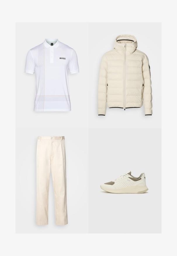 Klāta jaka krēmkrāsā ar rāvējslēdzēju priekšā un kapuci. Iezīmējas ar gludu tekstūru un elastīgām piedurknēm, divām sānu kabatām un diskrētu zīmolu.; Balta polo krekls, izgatavots no gludas auduma, ar trīs pogu rotājumu, dekoratīvām oranžām un pelēkām līnijām kreisajā pusē un logotipa apzīmējumu.; Bežā krāsā auduma bikses ar taisnu kāju griezumu, pievienotām pogu aizdares un priekšējiem krokām papildu detaļām.; Baltas un gaiši bež sporta apavi, ar sieta augšdaļu, perforētiem detaļām un teksturētu vidusdaļu ar zīmolu uz papēža.