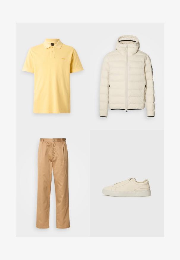 Krémová zateplená bunda se zipem vpředu a kapucí. Má hladkou strukturu, elastické manžety, dvě boční kapsy a diskrétní logo.; Žluté polo tričko vyrobené z bavlny, s klasickým límcem, dvěma knoflíky a malým vyšitým logem na hrudi. Krátké rukávy.; Khaki kalhoty, směs bavlny, rovný střih, přední záhyby, poutka na opasek a knoflíkové zapínání. Hladká textura bez vzorů.; Krémové kožené tenisky s kulatou špičkou, minimalistickým designem, jemnými švy a texturovaným svrškem, na světlé podrážce.