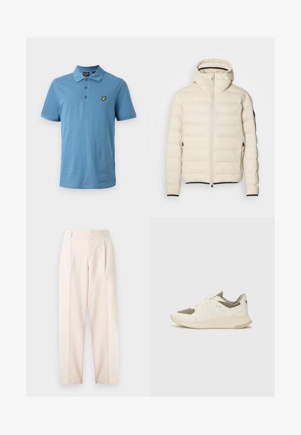 Kurtka puchowa w kolorze kremowym z zamkiem z przodu i kapturem. Charakteryzuje się gładką teksturą oraz elastycznymi mankietami, posiada dwie boczne kieszenie i dyskretne logo.; Koszulka polo w jasnoniebieskim bawełnianym materiale z trzema guzikami, krótkimi rękawami i żółtym haftowanym logo na piersi.; Beżowe spodnie w kant o wysokim stanie, z zakładkami i prostym krojem nogawki. Wykonane z gładkiego materiału, z bocznymi kieszeniami i starannym wykończeniem.; Białe i jasnobeżowe sneakersy sportowe, z siateczkową cholewką, perforowanymi detalami oraz teksturowaną podeszwą śródstopia z brandingiem na pięcie.