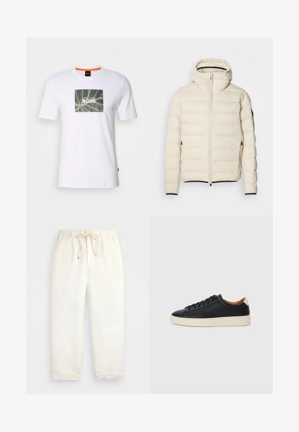 Μπουφάν με επένδυση σε κρέμα χρώμα, με φερμουάρ μπροστά και κουκούλα. Διαθέτει απλή υφή και ελαστικούς καρπούς, καθώς και δύο πλαϊνές τσέπες και διακριτική σήμανση.; Λευκό βαμβακερό μπλουζάκι με γραφικό πράσινου φύλλου και έντονο κείμενο "ΜΕΣΑ ΣΤΟΝ ΖΟΥΓΚΛΕ ΜΑΓΑΖΙ" μέσα σε ορθογώνιο σχέδιο. Στρογγυλή λαιμόκοψη.; Απαλή κρέμα, χαλαρές παντελόνες φτιαγμένες από μαλακό ύφασμα. Διαθέτουν ελαστική μέση με κορδόνι, και σχέδιο κωνικού ποδιού.; Μαύρα δερμάτινα παπούτσια αθλητικά με λεία υφή, μπεζ καουτσούκ σόλα, σχέδιο με κορδόνια και αντίθεση στη φτέρνα.
