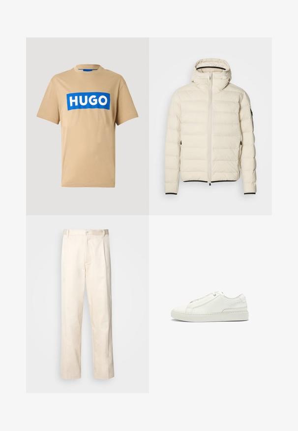 Chaqueta acolchada en color crema con cierre de cremallera y capucha. Presenta una textura suave y puños elásticos, con dos bolsillos laterales y una marca discreta.; Camiseta de algodón beige con un logo rectangular azul que muestra "HUGO" en letras blancas, cuello redondo y mangas cortas. Textura lisa.; Pantalones de algodón beige con corte recto, que cuentan con un cierre de botón y pliegues en la parte frontal para un detalle adicional.; Zapatilla de cuero blanco con un upper texturizado, punta redonda, diseño minimalista y suela de goma con detalles cosidos.