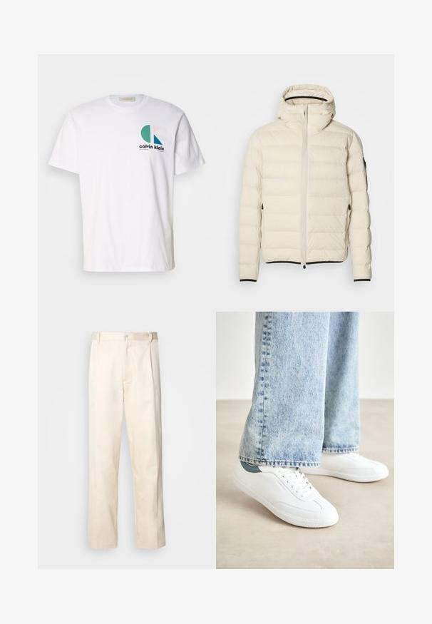 Casaco acolchoado em creme com fecho de correr e capuz. Apresenta uma textura suave e punhos elásticos, com dois bolsos laterais e uma marcação discreta.; T-shirt de algodão branca com um design gráfico multicolorido com formas circulares e o logo "Calvin Klein" na parte da frente. Mangas curtas, decote redondo.; Calças de algodão bege com corte reto, apresentando um fecho de botão e pregas na frente para um detalhe adicional.; Ténis brancos com material suave, design de atacadores, sola de borracha texturizada e um detalhe em teal no calcanhar, combinados com jeans azul claro.