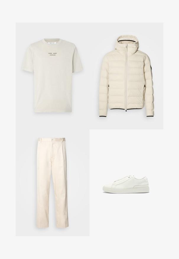 Padded jacket in cream with a zip front and hood. Features a smooth texture and elastic cuffs, with two side pockets and discreet branding.; Light beige cotton t-shirt featuring short sleeves, crew neck, and black printed text "SAMSE SAMSØ COPENHAGEN" centered on the chest.; Beige cotton trousers with a straight-leg cut, featuring a button closure and pleats at the front for added detail.; White leather sneaker featuring a textured upper, a round toe, minimalistic design, and a rubber sole with stitched detailing.