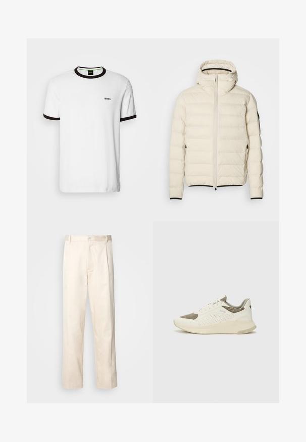 Padded jakna v kremni barvi z zadrgo spredaj in kapuco. Ima gladko teksturo, elastične manšete, dva stranska žepa in diskretno blagovno znamko.; Bela kratka majica s kratkimi rokavi z črnimi rebrastimi ovratnikom in manšetami, na prsih pa je majhen črn logotip "BOSS". Mehko, bombažno blago.; Bež cottone hlače s ravnim krojem, ki imajo gumbasto zapiranje in nabore spredaj za dodatne detajle.; Beli in svetlo bež športni copat, s mrežastim zgornjim delom, perforiranimi detajli in teksturirano srednjim delom z blagovno znamko na peti.