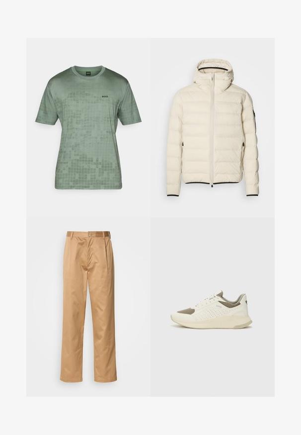 Padded jakna u krem boji s patentnim zatvaračem sprijeda i kapuljačom. Ima glatku teksturu i elastične manžete, s dva bočna džepa i diskretnim brendiranjem.; Zeleni kratki rukav t-shirt od glatkog materijala, s uzorkom mreže i crnim "BOSS" logotipom na lijevoj strani prsa.; Khač pantaloni, mješavina pamuka, ravnog kroja, s prednjim nabora, petljama za remen i kopčanjem na gumb. Glatka tekstura bez uzoraka.; Bijele i svijetlosmeđe sportske tenisice, sa mrežastim gornjim dijelom, perforiranim detaljima i teksturiranim međutrakom sa brendom na peti.