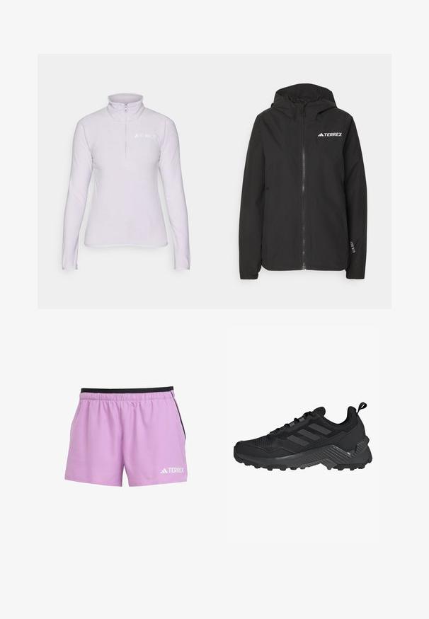 Giacca Terrex nera con zip frontale, cappuccio foderato in rete, polsini elasticizzati e logo sul petto. Tessuto leggero con una consistenza liscia.; Pullover in fleece di colore viola chiaro con colletto a zip. Presenta maniche lunghe e un logo bianco nella zona del petto sinistro. Texture morbida.; Shorts atletici viola chiaro con una cintura elastica nera, tasche laterali e un logo bianco "TERREX" sulla parte bassa anteriore sinistra.; Scarpa da atletica nera con tomaia in mesh, design a tre strisce, tallone sagomato e suola robusta con tasselli di trazione prominenti.