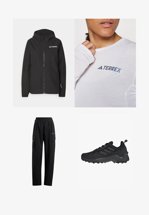 Musta Terrex-takki, jossa on vetoketjukiinnitys edessä, verkkomallinen huppu, elastiset hihansuut ja logo rinnassa. Kevyt kangas, jolla on sileä pinta.; Valkoinen pitkähihaisen paita, jossa on sininen "TERREX" -logo. Kangas on kevyt ja siinä on tekstuuriset verkkoakkentit olkapäissä.; Musta cargo-housut, joissa on joustava vyötärö, kaksi sivutaskua ja hieman kapeneva lahje. Valmistettu kevyestä materiaalista.; Musta urheilujalkine, jossa on verkkomateriaali ylhäällä, kolme raitaa, muotoiltu kanta ja kestävä pohja, jossa on voimakkaat pito-pinnat.
