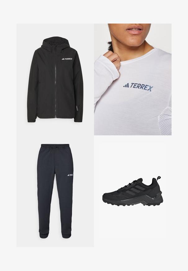 Black Terrex jacket featuring a zip front, mesh-lined hood, elastic cuffs, and logo at the chest. Lightweight fabric with a smooth texture.; White long-sleeve shirt featuring a blue "TERREX" logo. The fabric is lightweight with textured mesh accents on the shoulders.; Black athletic pants made of smooth fabric, featuring an elastic waistband, tapered legs, and a small white logo on the left thigh.; Black athletic shoe featuring a mesh upper, three-stripe design, molded heel, and rugged outsole with prominent traction lugs.