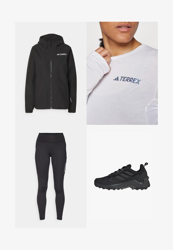 Musta Terrexi jope, millel on lukuga esitasku, võrguga vooderdatud kapuuts, elastsed mansetid ja logo rinnal. Kergest kangast, millel on sile tekstuur.; Valge pika varrukaga särk, millel on sinine "TERREX" logo. Kanga materjal on kerge ja tekstiilitooted on tekstureeritud võrkkangaga varrukatel.; Musthave mustrippuvad mustad retuusid, millel on kõrge talje, küljetaskud ja kontrastsete valgete brändingutega vasakul jalal.; Must mustusjalats, millel on võrkkangast ülemine osa, kolme triibuga disain, vormitud kand ja rohkete haardelabadega tugev välistald.