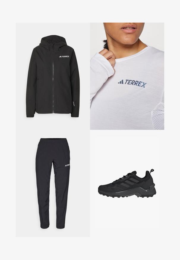 Fekete Terrex dzseki, cipzáras elülső résszel, hálós kapucnival, rugalmas mandzsettákkal és emblémával a mellrészen. Könnyű anyag, sima textúrával.; Fehér, hosszú ujjú ing, kék "TERREX" logóval. Az anyag könnyű, texturált hálós díszítésekkel a vállakon.; Fekete sportnadrág könnyű, rugalmas anyagból, elasztikus derékpánttal és oldalsó cipzáras zsebekkel. A combon fehér logó található.; Fekete sportcipő, hálós felsőrésszel, háromcsíkos dizájnnal, formázott sarokkal és masszív talppal, kiemelkedő tapadási gombokkal.