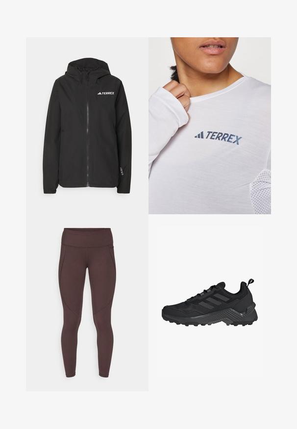 Fekete Terrex dzseki, cipzáras elülső résszel, hálós kapucnival, rugalmas mandzsettákkal és emblémával a mellrészen. Könnyű anyag, sima textúrával.; Fehér, hosszú ujjú ing, kék "TERREX" logóval. Az anyag könnyű, texturált hálós díszítésekkel a vállakon.; Barna, magas derekú leggings sima textúrával, finom varrás részletekkel és testhezálló kialakítással a kényelem és rugalmasság érdekében.; Fekete sportcipő, hálós felsőrésszel, háromcsíkos dizájnnal, formázott sarokkal és masszív talppal, kiemelkedő tapadási gombokkal.