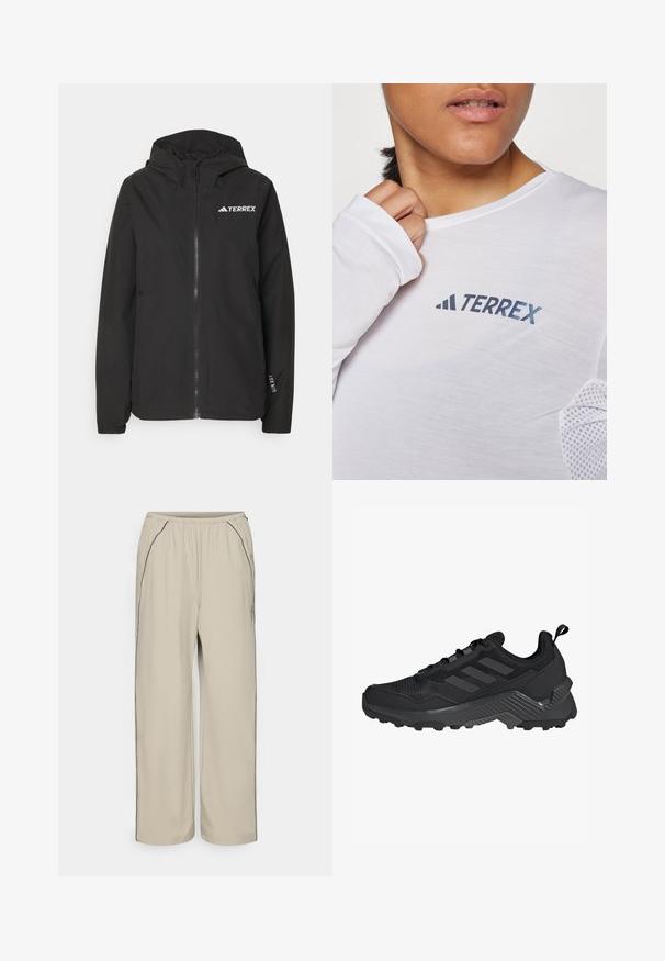 Czarna kurtka Terrex z zamkiem z przodu, meshową podszewką w kapturze, elastycznymi mankietami i logo na klatce piersiowej. Lekki materiał o gładkiej teksturze.; Biała koszula z długim rękawem z niebieskim logo "TERREX". Materiał jest lekki, z teksturowanymi akcentami z siateczki na ramionach.; Beżowe, lekkie spodnie z elastycznym pasem, kieszeniami bocznymi i kontrastowymi czarnymi szwami. Prosty krój, gładka tekstura.; Czarne buty sportowe z siateczkową cholewką, trzema paskami, formowaną piętą i wytrzymałą podeszwą z wyraźnymi wgłębieniami dla lepszej przyczepności.