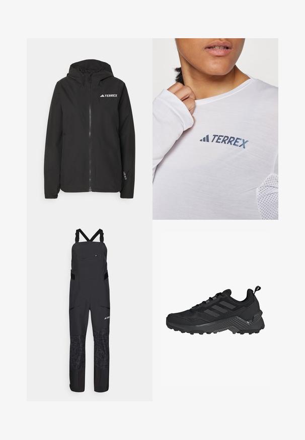 Musta Terrexi jope, millel on lukuga esitasku, võrguga vooderdatud kapuuts, elastsed mansetid ja logo rinnal. Kergest kangast, millel on sile tekstuur.; Valge pika varrukaga särk, millel on sinine "TERREX" logo. Kanga materjal on kerge ja tekstiilitooted on tekstureeritud võrkkangaga varrukatel.; Mustad must vihmaga väljas kandmiseks mõeldud püksid reguleeritavate rihmadega, lukuga taskud ja tekstuuriga alumised paneelid. Valmistatud vastupidavast, ilmastikukindlast materjalist.; Must mustusjalats, millel on võrkkangast ülemine osa, kolme triibuga disain, vormitud kand ja rohkete haardelabadega tugev välistald.