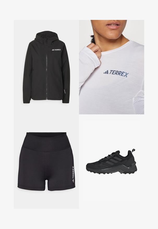 Svart Terrex-jakke med glidelås foran, mesh-fôret hette, elastiske mansjetter og logo på brystet. Lett materiale med en glatt tekstur.; Hvit langermet skjorte med en blå "TERREX"-logo. Stoffet er lett med teksturerte mesh-detaljer på skuldrene.; Svart idrettsshorts laget av glatt, elastisk materiale med høy midje. Har hvit "TERREX" logo på nederste høyre side.; Svart idrettssko med mesh-overdel, design med tre striper, formet hæl og robust yttersåle med fremtredende støtteknopper.
