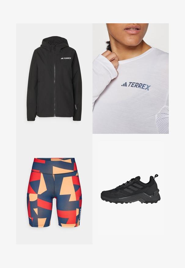 Musta Terrexi jope, millel on lukuga esitasku, võrguga vooderdatud kapuuts, elastsed mansetid ja logo rinnal. Kergest kangast, millel on sile tekstuur.; Valge pika varrukaga särk, millel on sinine "TERREX" logo. Kanga materjal on kerge ja tekstiilitooted on tekstureeritud võrkkangaga varrukatel.; Värvikad, mustrilised lühikesed püksid, millel on abstraktsed kujundid tumesinise, punase ja persimoni tooni. Valmistatud venivast kangast, millel on sile tekstuur.; Must mustusjalats, millel on võrkkangast ülemine osa, kolme triibuga disain, vormitud kand ja rohkete haardelabadega tugev välistald.