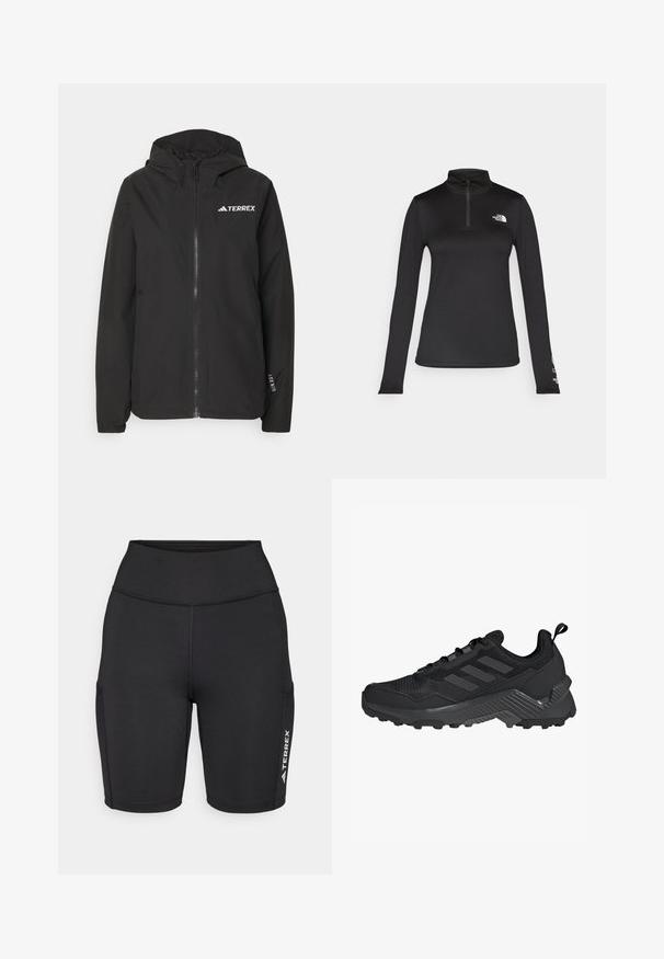 Melnā Terrex jaka ar rāvējslēdzēju priekšpusē, sietveida kapuci, elastīgām piedurknēm un logotipu uz krūts. Viegls audums ar gludu tekstūru.; The North Face FLEX 1/4 ZIP GRAPHIC - Tops ar garām piedurknēm - black; Melnas sporta bikses, kas izgatavotas no elastīga auduma, ar augstu jostasvietu, sānu kabatām un baltu logotipa akcentu uz vienas kājas.; Melnas sporta kurpes ar ventilējamu augšdaļu, trīs joslu dizainu, veidotu papēdi un izturīgu zoli ar izteiktām saķeres uzmavām.
