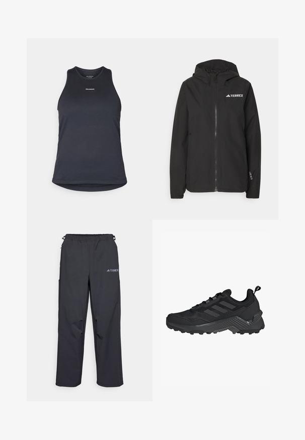 Melnā Terrex jaka ar rāvējslēdzēju priekšpusē, sietveida kapuci, elastīgām piedurknēm un logotipu uz krūts. Viegls audums ar gludu tekstūru.; Tumši pelēks sporta bezdelīgains topiņš, izgatavots no teksturēta auduma; tam ir apaļa kakla izgriezne un zīmols "SALOMON" drukāts baltā krāsā priekšpusē.; Melnas, vieglas āra bikses ar elasticu jostu, sānu kabatām un logo augšējā labajā kājā. Gluda, ūdensizturīga auduma.; Melnas sporta kurpes ar ventilējamu augšdaļu, trīs joslu dizainu, veidotu papēdi un izturīgu zoli ar izteiktām saķeres uzmavām.