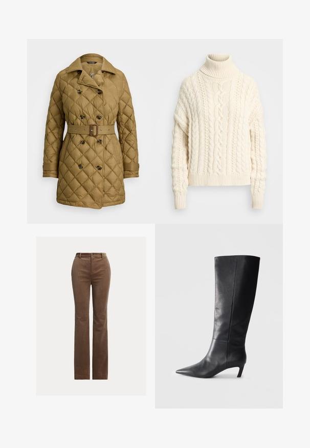 Quilted, tan puffer coat with double-breasted buttons, belted waist, and two side pockets, featuring a collar and ribbed cuffs.; Cable-knit turtleneck sweater in cream, featuring ribbed cuffs and hem, a textured pattern, and a relaxed, oversized fit.; Brown corduroy trousers with a straight-leg design, featuring belt loops, front pockets, and subtle vertical ribbing for texture.; Black leather knee-high boot with a pointed toe, structured design, and a modest heel. Smooth texture, minimal stitching details.