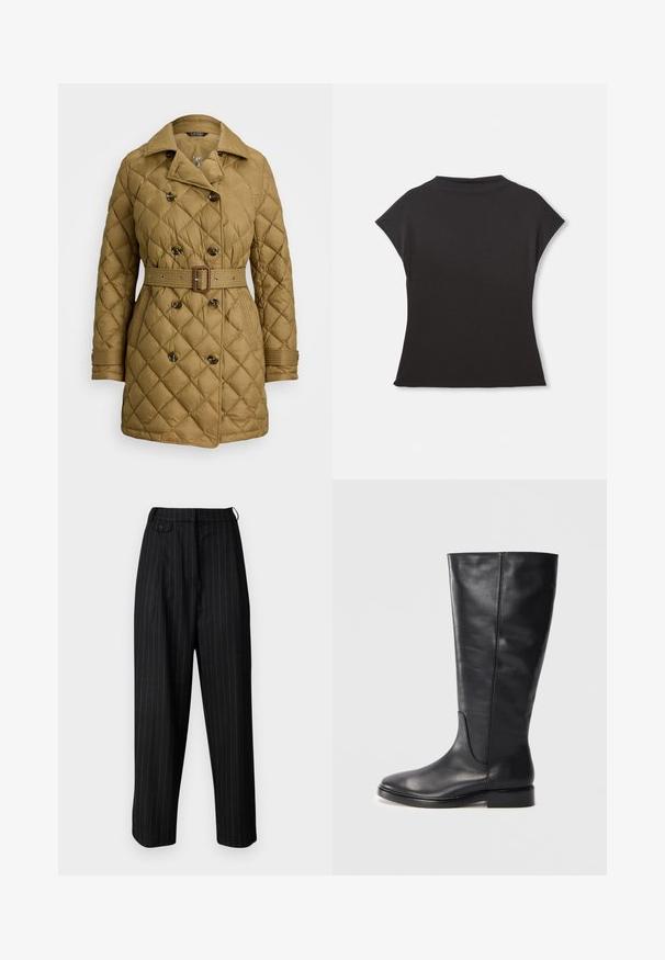 Tikkidega, helepruun puffer-jope kahekordse nööpiga, vöökohaga ja kahe küljetaskuga, millel on krae ja ribakäised.; Must proov kõrvitsanööpidega lühikeste varrukatega topp kõrge kaelusega ja mugava lõikega. Valmistatud pehmest kangast, millel on sile tekstuur. Ilma nähtavate mustrite või graafikateta.; Mustade, kõrge vöökohaga püksid valgete triipudega, millel on voltimisdetailid, nööp sulgemine ja mugav lõige. Tehtud siledast materjalist.; Mustad musta nahast põlvini ulatuv saapad madala kontsaga ja ümarate varvastega, millel on õmblusdetailid varre ja pealse järjejoonel.