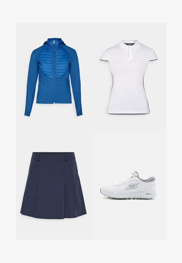 Zila kapuce ar quilted priekšējo paneli, gluda auduma, pilna rāvējslēdzēja un garām piedurknēm. Iespējo ietilpīgu dizainu un sānu kabatas.; Balts polo krekls ar īsām piedurknēm, apkakli un priekšējo pogu aizdari. Melnas akcenti piedurknēm un sānu šuvēm. Mīksta, gluda tekstūra.; Jūras zila plisētā svārku ar jostu, izgatavota no gludas auduma. Iezīmē asas plisītes, taisnas apakšmalas un minimālas šuvju detaļas.; Baltie sporta apavi ar teksturētu sietu augšpusi, sudraba akcentiem un vieglu zoli ar mazām saķeres uzlikām, apzīmēti "ULTRA FLIGHT."