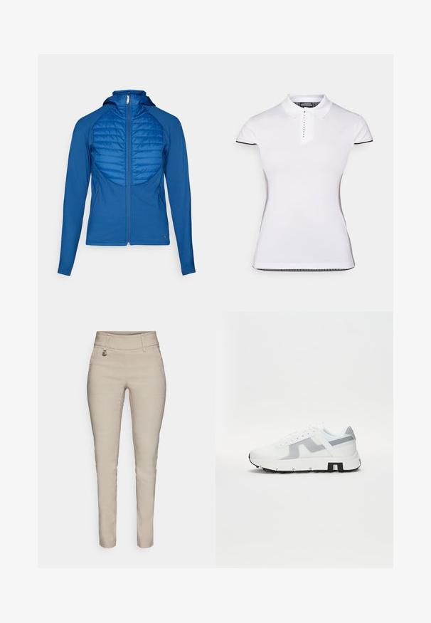 Kék kapucnis dzseki steppelt elülső panellel, sima anyagból, teljes cipzárral és hosszú ujjal. Feszes szabású, oldalsó zsebekkel ellátott.; Fehér póló rövid ujjal, gallérral és elől gombos záródással. Fekete díszítések az ujjakon és az oldalvarrásokon. Puha, sima tapintás.; Beige slim fit nadrág magas derékkal, elülső zsebbel, díszvarrással és ezüstszínű részletekkel.; Fehér sportcipő szürke kiemelésekkel, textúrázott felső résszel, vastag talppal és kontrasztos fekete sarokrésszel. Fűzős kialakítás, hálós panellel.