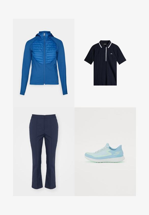 Niebieska kurtka z kapturem, z pikowaną przednią częścią, gładkim materiałem, pełnym zamkiem błyskawicznym i długimi rękawami. Ma dopasowany krój i boczne kieszenie.; Granatowa koszulka polo z żeberkową teksturą, kontrastowym białym kołnierzykiem i plisą, trzema guzikami oraz małym logo na piersi.; Granatowe spodni szyte na miarę o prostym kroju, gładkiej fakturze, przednich zakładkach oraz średniej wysokości pasie; brak widocznych kieszeni czy zdobień.; Jasnoniebieski but sportowy z siateczkową cholewką, zaokrąglonym noskiem, wyściełaną podeszwą oraz odblaskowymi akcentami. Posiada sznurowanie i wspierający zapiętek.